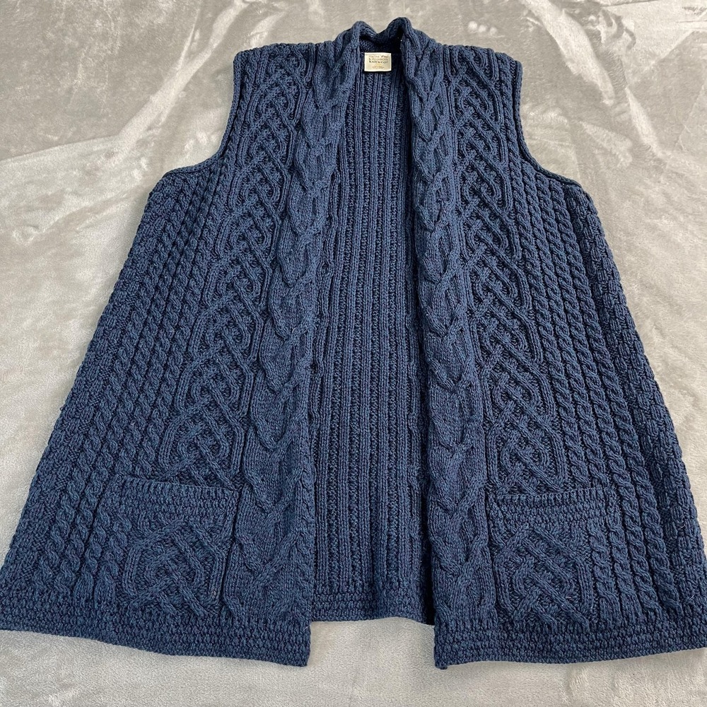 Kilronan Knitwear Sweater Vest Womens XL Blue 100% Wool Cable Knit Open Collared